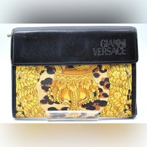 Gianni Versace Fold Wallet Leather Black Yellow Used Auth Pre-Owned